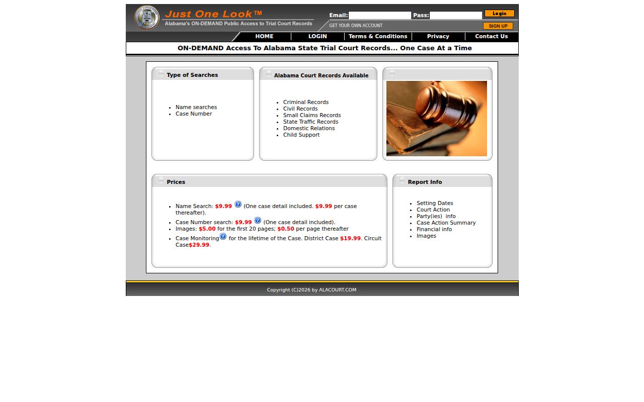 Alabama Alacourt Access online portal showing case search interface