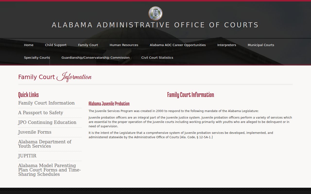 Alabama Administrative Office of Courts family court information page